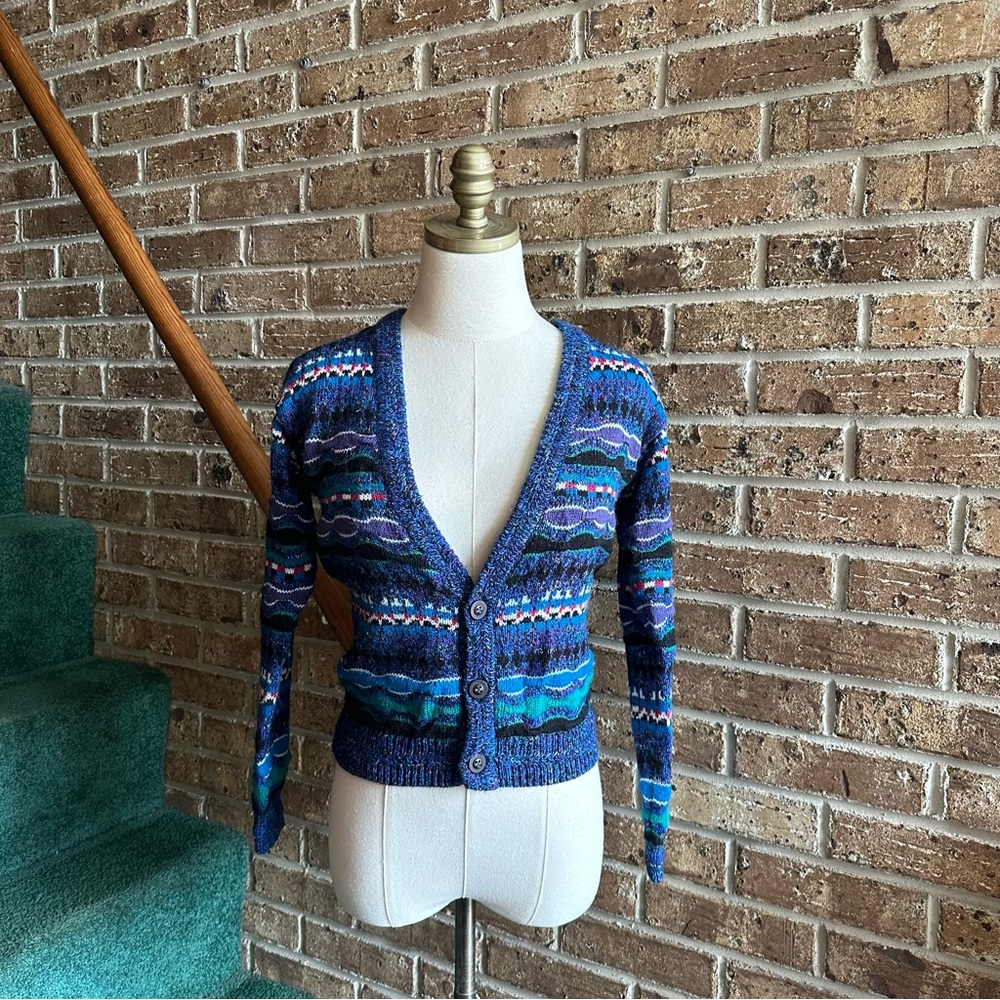 VTG Blue Toned Concrete Coogi Style Chunky Knit Cardigan Sweater